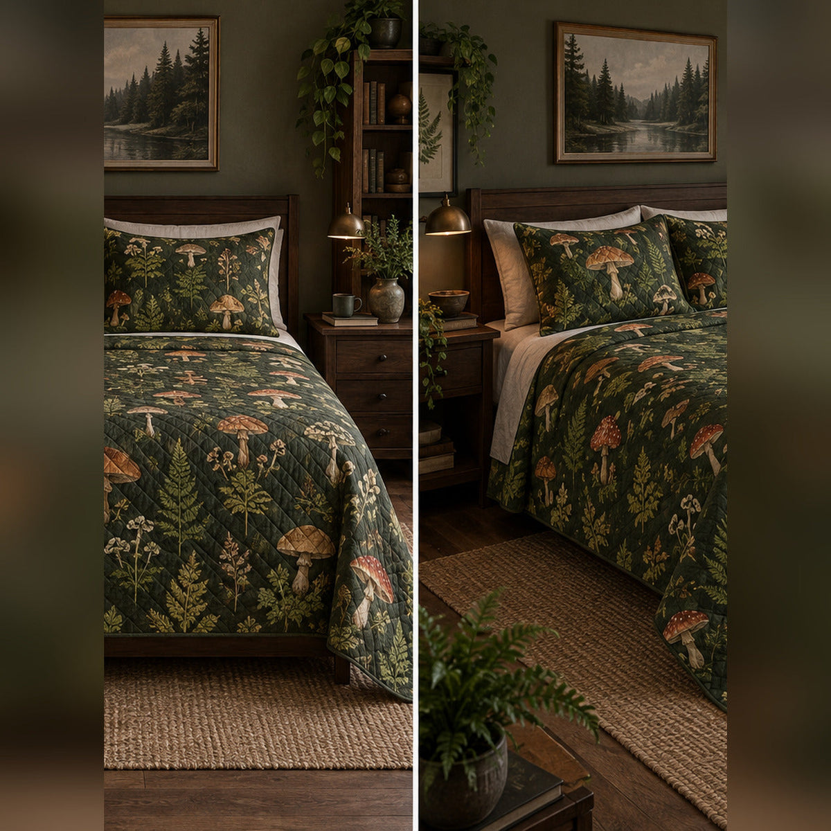 Forest Field Guide Mycology Quilt Set, front mycology bedroom view