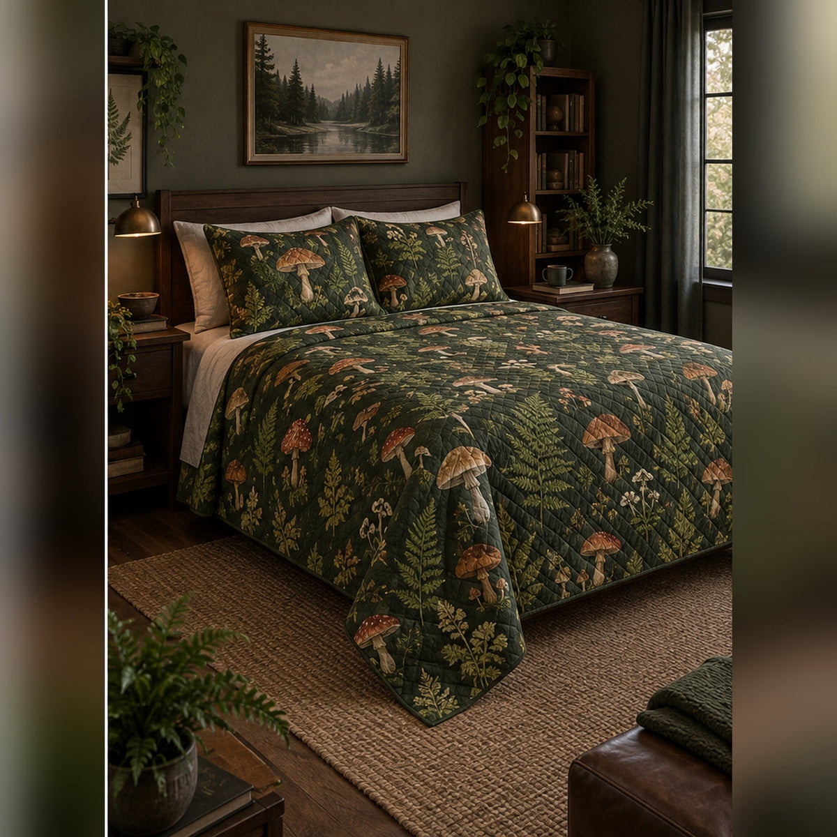 Forest Field Guide Mycology Quilt Set, angled mycology bedroom view