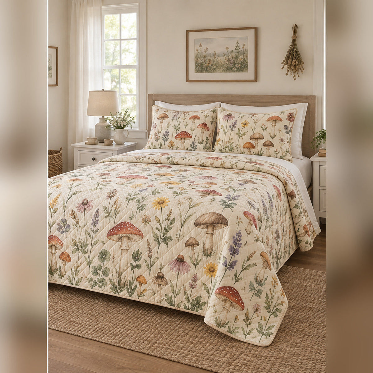 Watercolor Meadow Fungi Quilt Set, angled mycology bedroom view