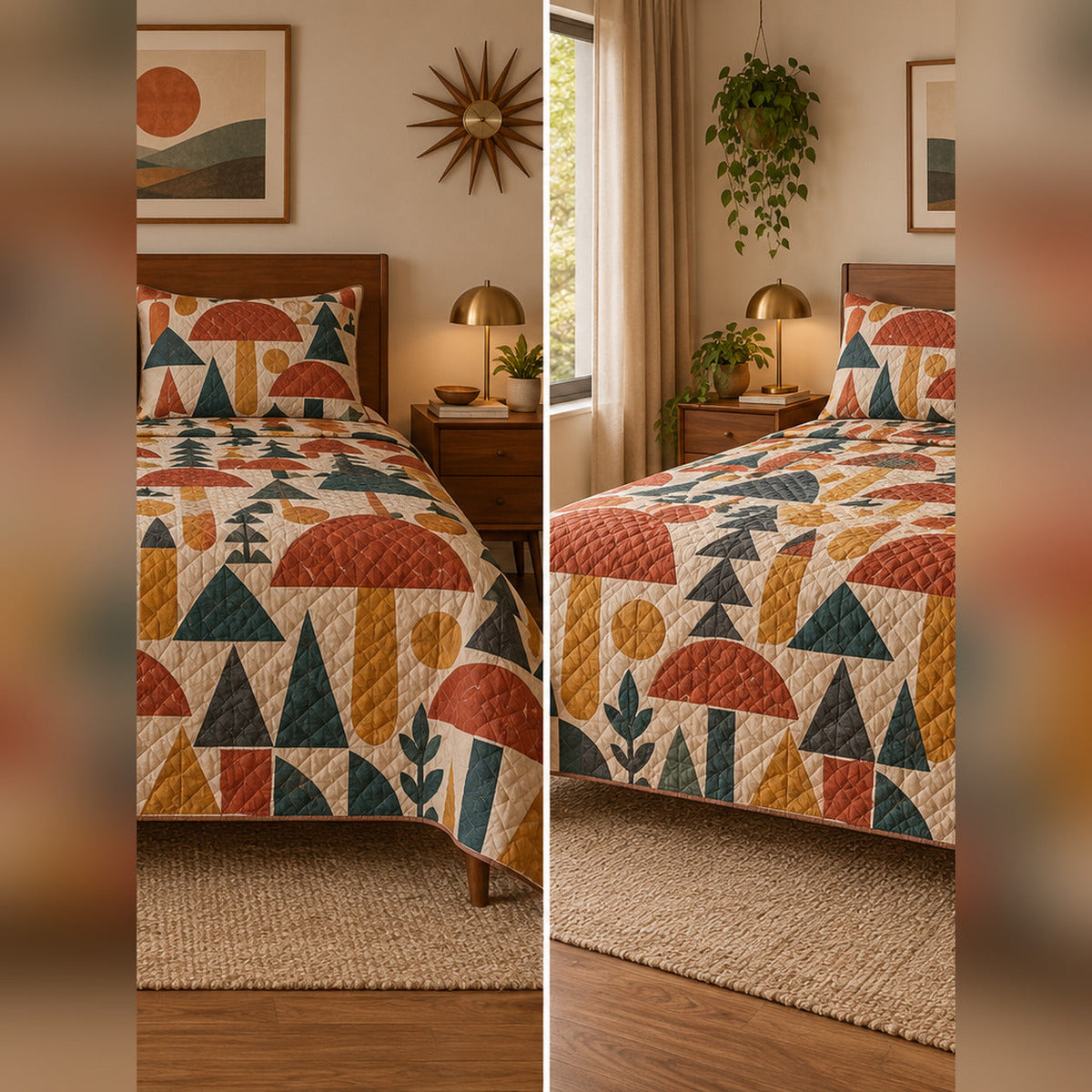 Terracotta Mushroom Geometry Quilt Set, front mycology bedroom view