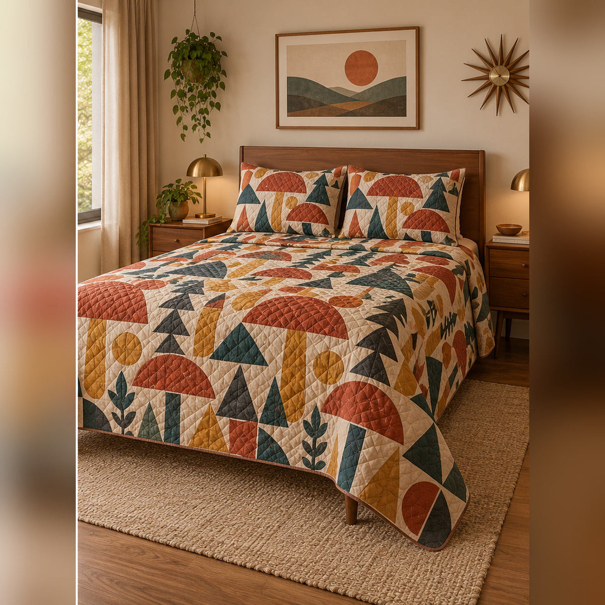 Terracotta Mushroom Geometry Quilt Set, angled mycology bedroom view
