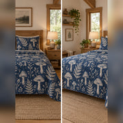 Indigo Fungi Block Print Quilt Set, front mycology bedroom view