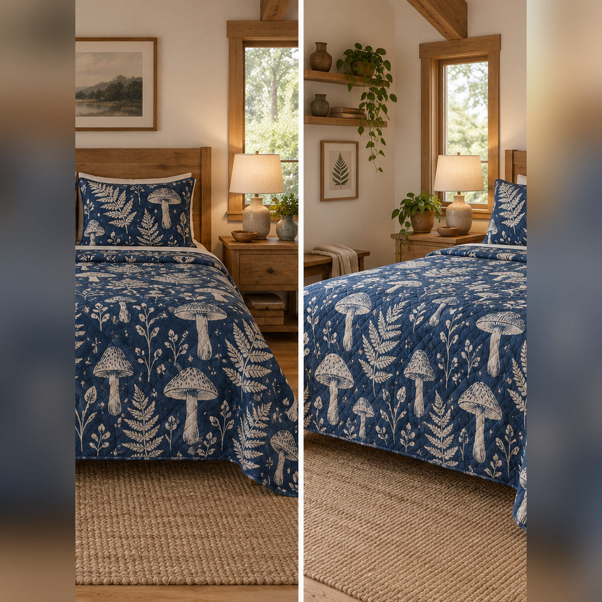 Indigo Fungi Block Print Quilt Set, front mycology bedroom view