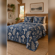 Indigo Fungi Block Print Quilt Set, angled mycology bedroom view