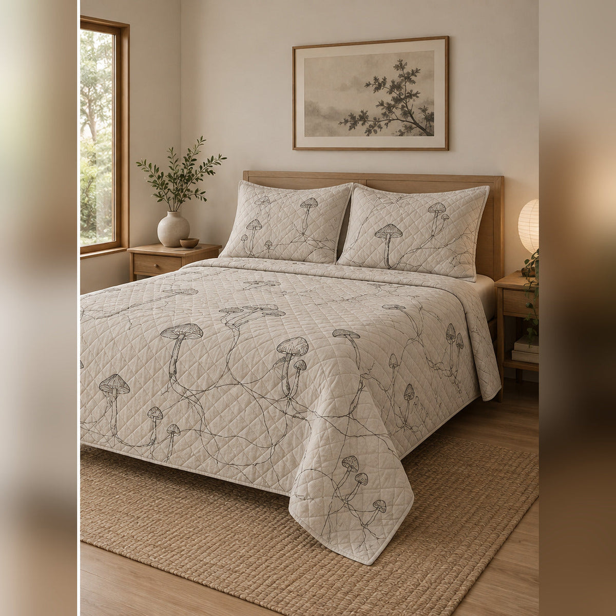 Minimal Line Mushroom Quilt Set, angled mycology bedroom view