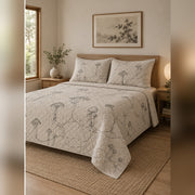 Minimal Line Mushroom Quilt Set, angled mycology bedroom view
