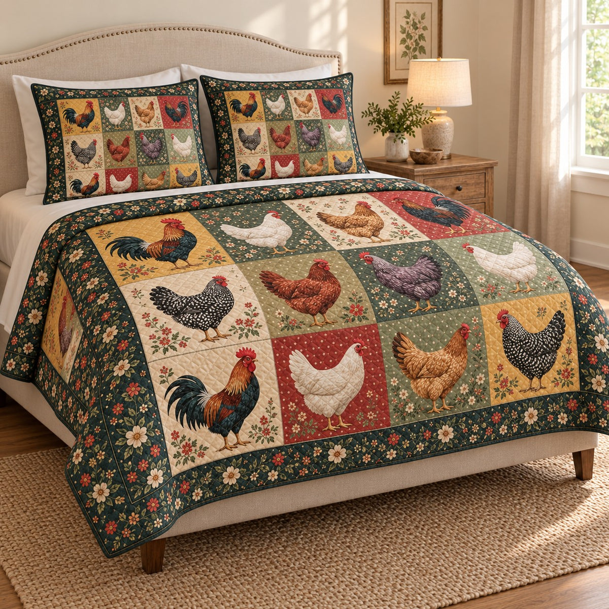 Farmhouse Chicken Patchwork Quilt Set: angled bedroom view showing the quilt artwork and coordinating shams