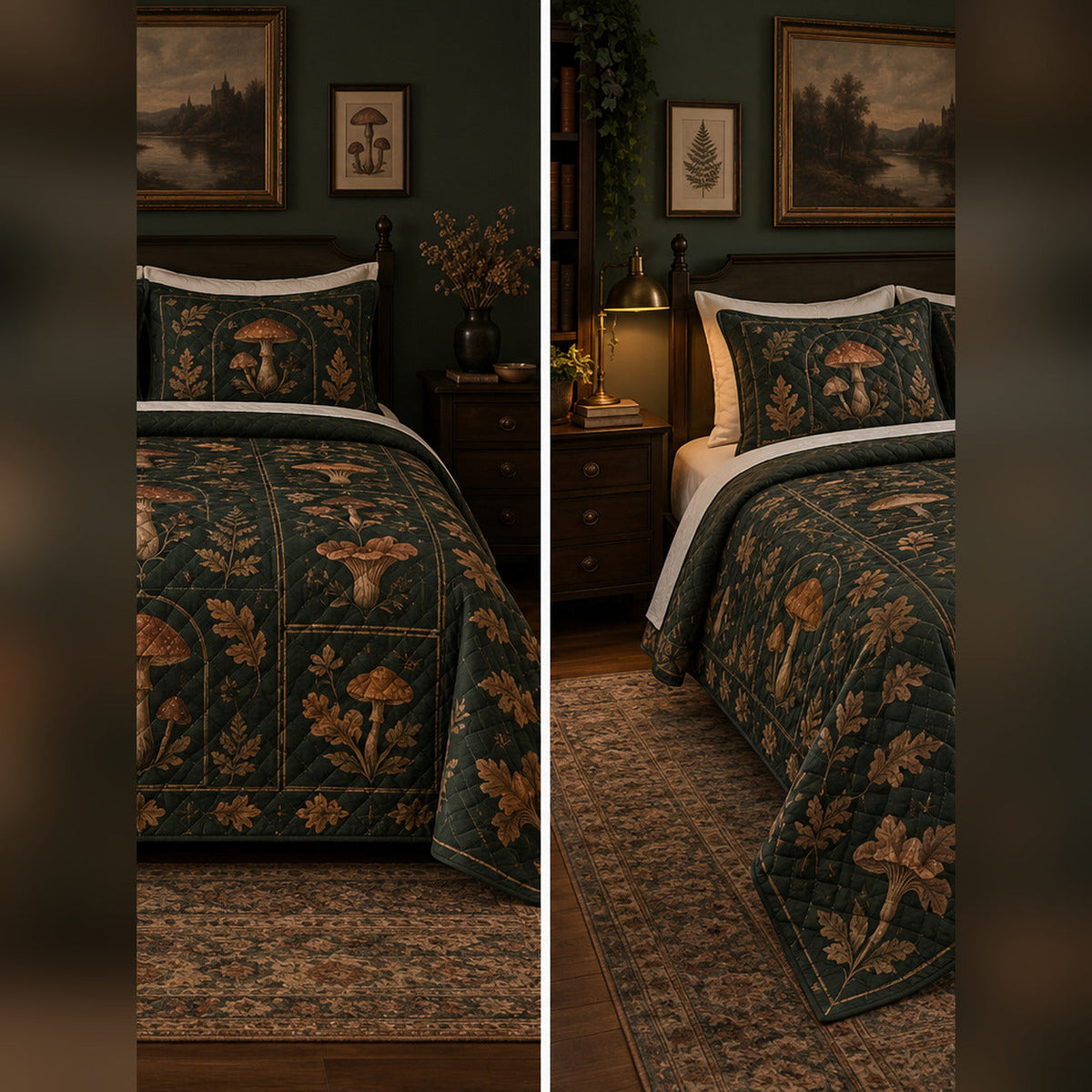Dark Academia Mycology Quilt Set, front mycology bedroom view