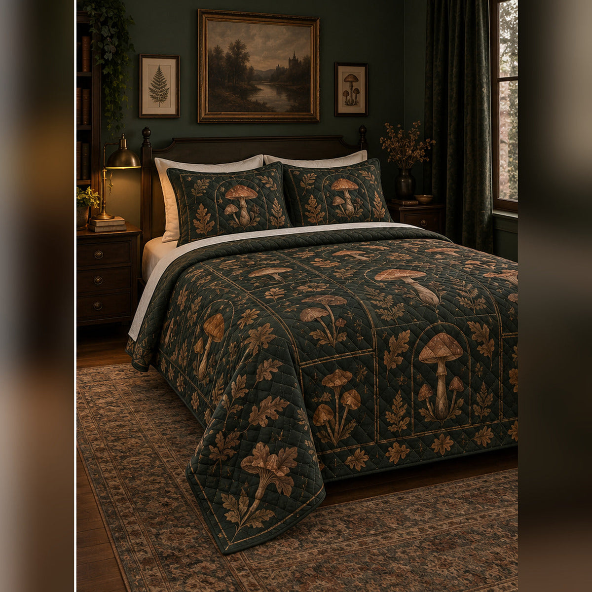 Dark Academia Mycology Quilt Set, angled mycology bedroom view
