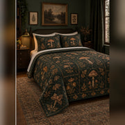 Dark Academia Mycology Quilt Set, angled mycology bedroom view