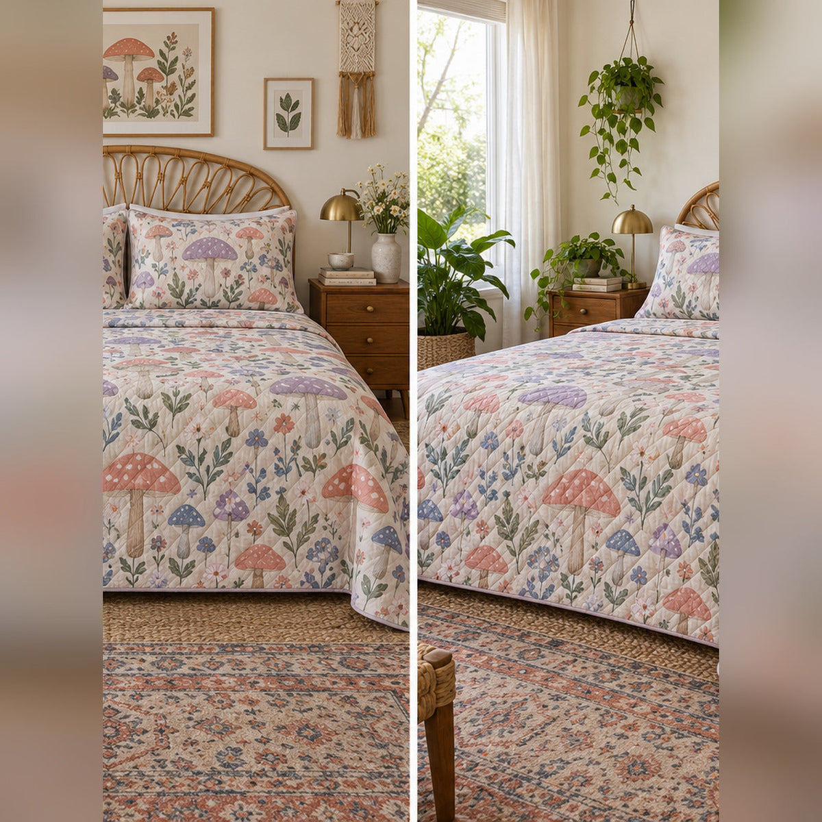Pastel Mushroom Garden Quilt Set, front mycology bedroom view