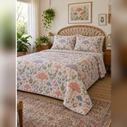 Pastel Mushroom Garden Quilt Set, angled mycology bedroom view