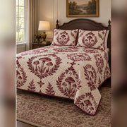 Burgundy Fungi Medallion Quilt Set, angled mycology bedroom view