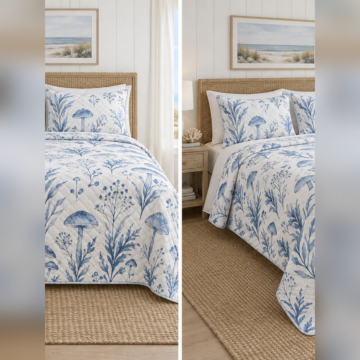 Coastal Blue Mycology Quilt Set, front mycology bedroom view