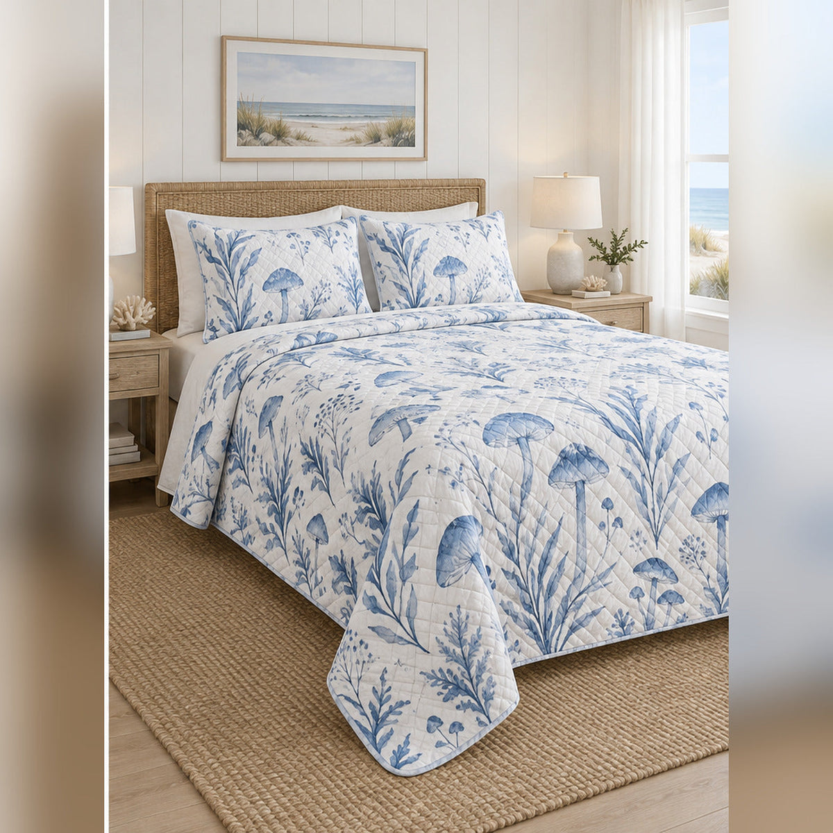 Coastal Blue Mycology Quilt Set, angled mycology bedroom view