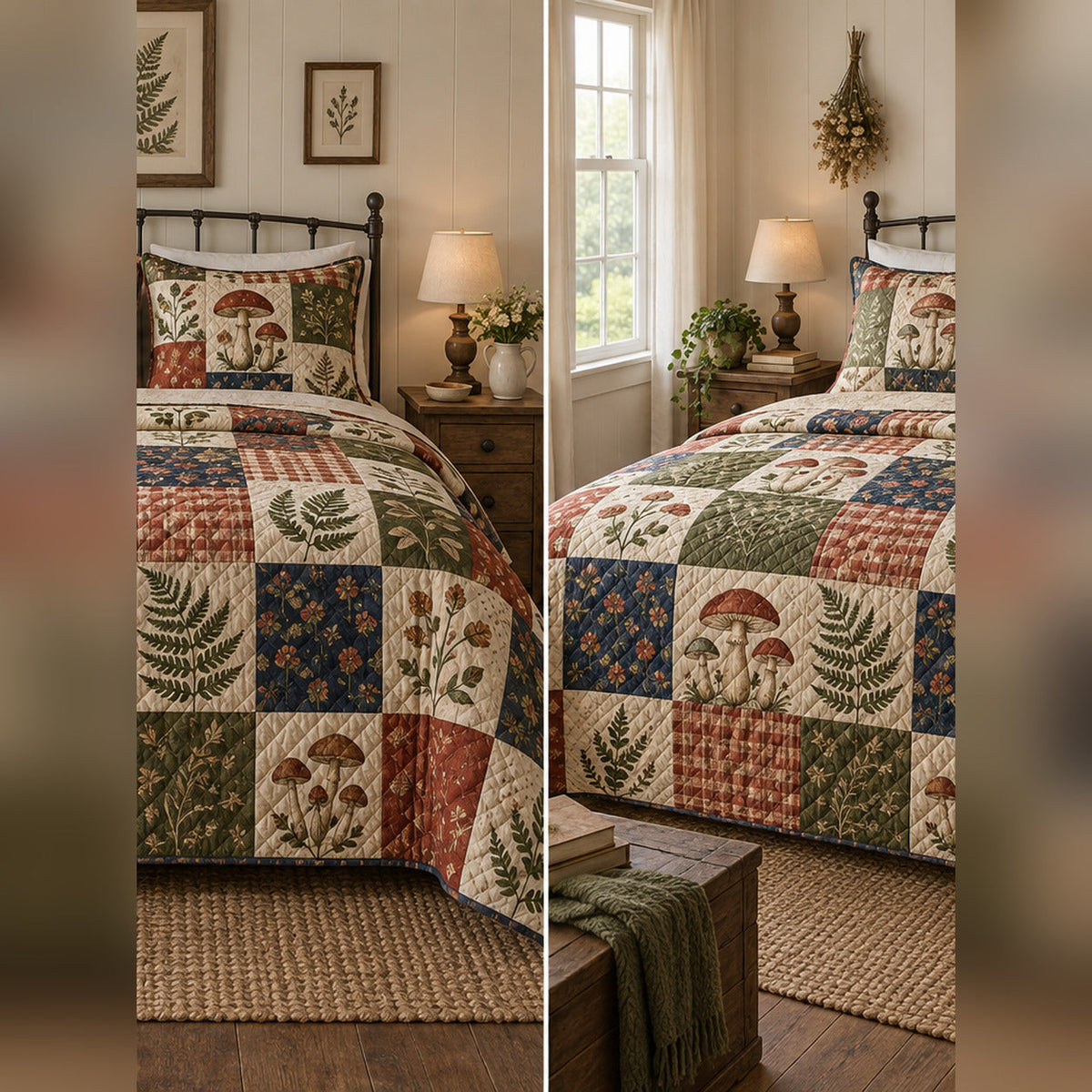 Heirloom Fungi Patchwork Print Quilt Set, front mycology bedroom view