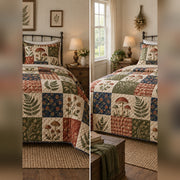 Heirloom Fungi Patchwork Print Quilt Set, front mycology bedroom view