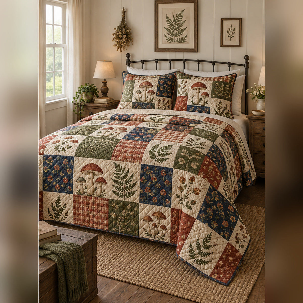 Heirloom Fungi Patchwork Print Quilt Set, angled mycology bedroom view