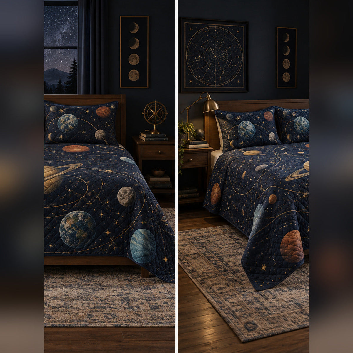 Midnight Planetarium Quilt Set, front planetary science bedroom view