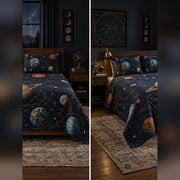 Midnight Planetarium Quilt Set, front planetary science bedroom view