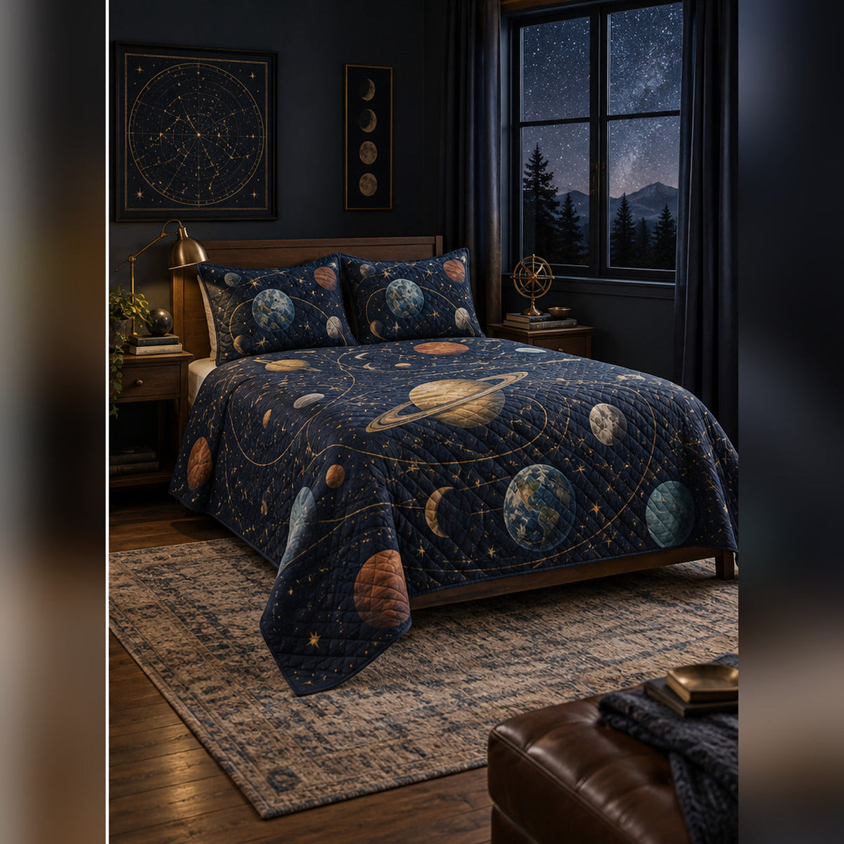 Midnight Planetarium Quilt Set, angled planetary science bedroom view