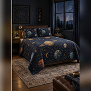 Midnight Planetarium Quilt Set, angled planetary science bedroom view
