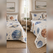 Watercolor Planet Study Quilt Set, front planetary science bedroom view