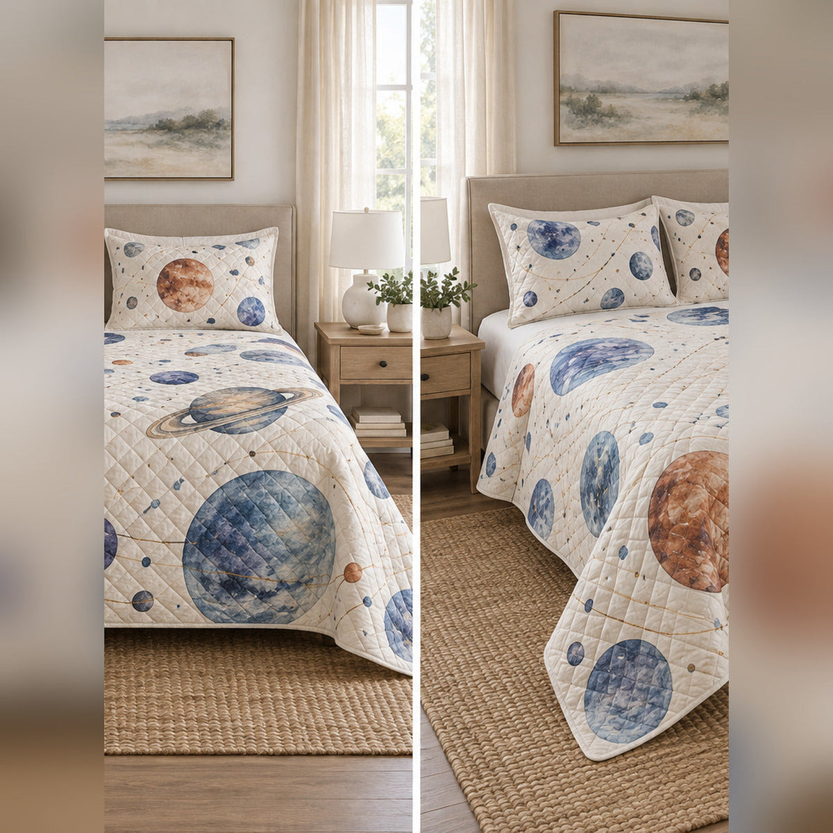 Watercolor Planet Study Quilt Set, front planetary science bedroom view