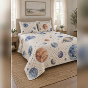 Watercolor Planet Study Quilt Set, angled planetary science bedroom view