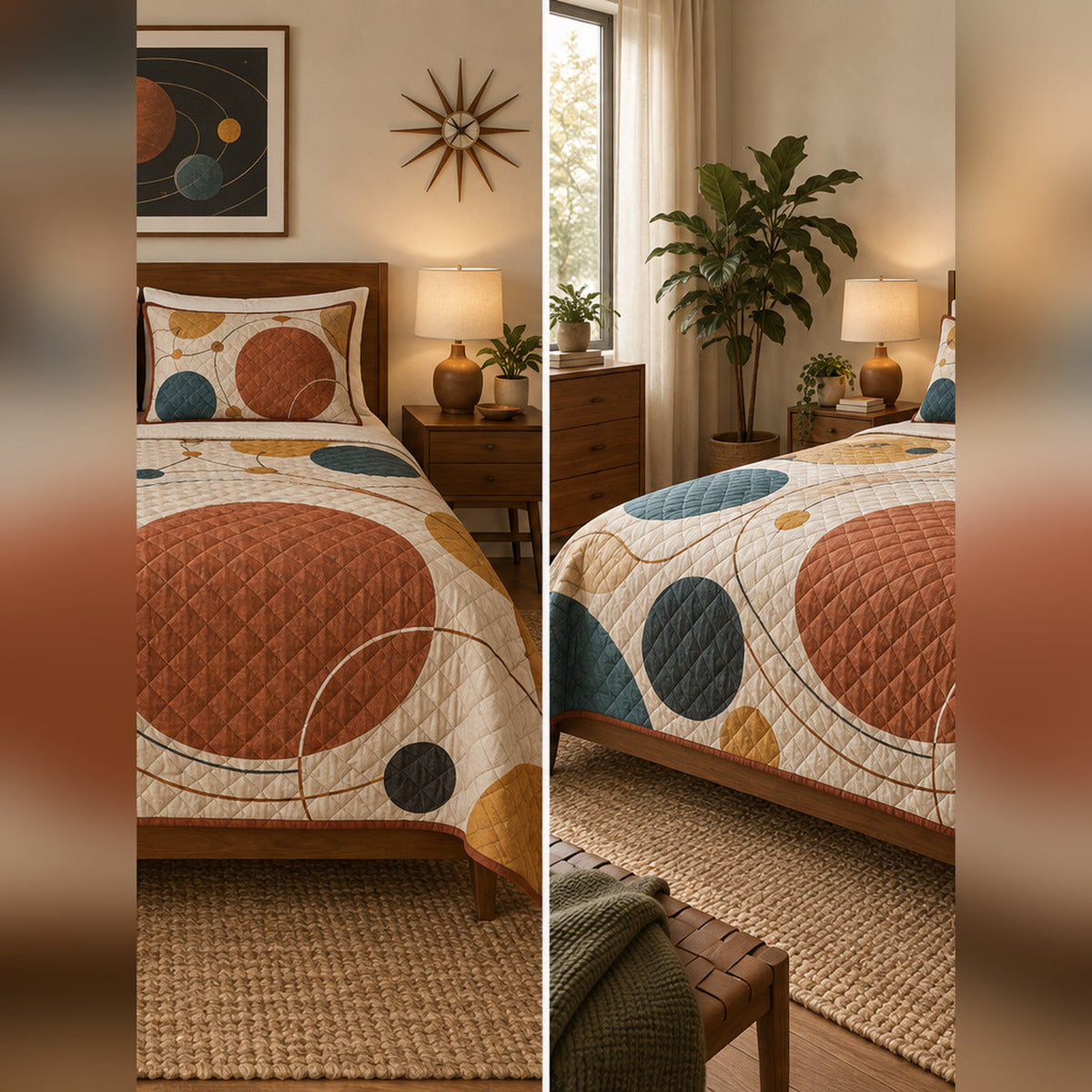 Terracotta Orbital Geometry Quilt Set, front planetary science bedroom view