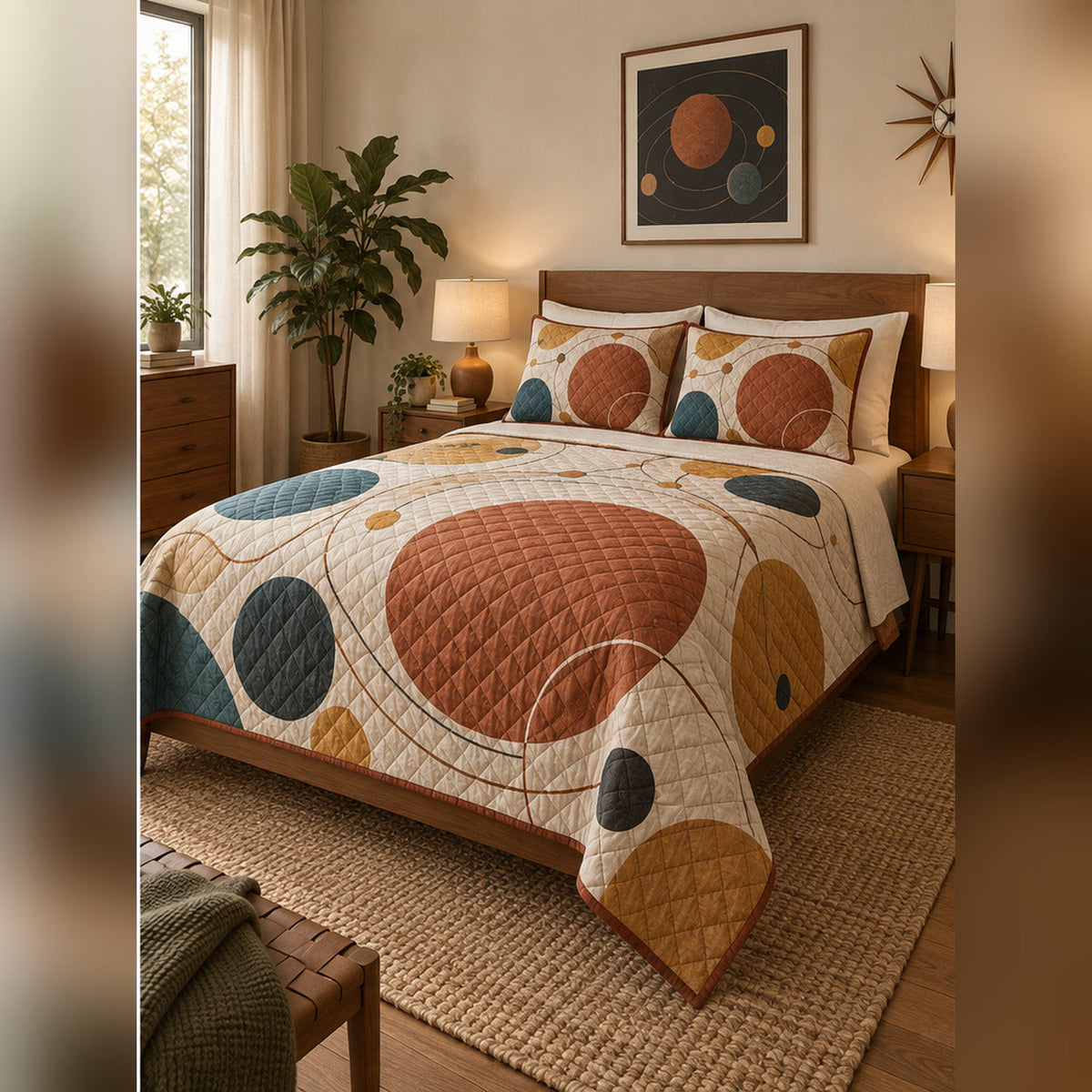 Terracotta Orbital Geometry Quilt Set, angled planetary science bedroom view