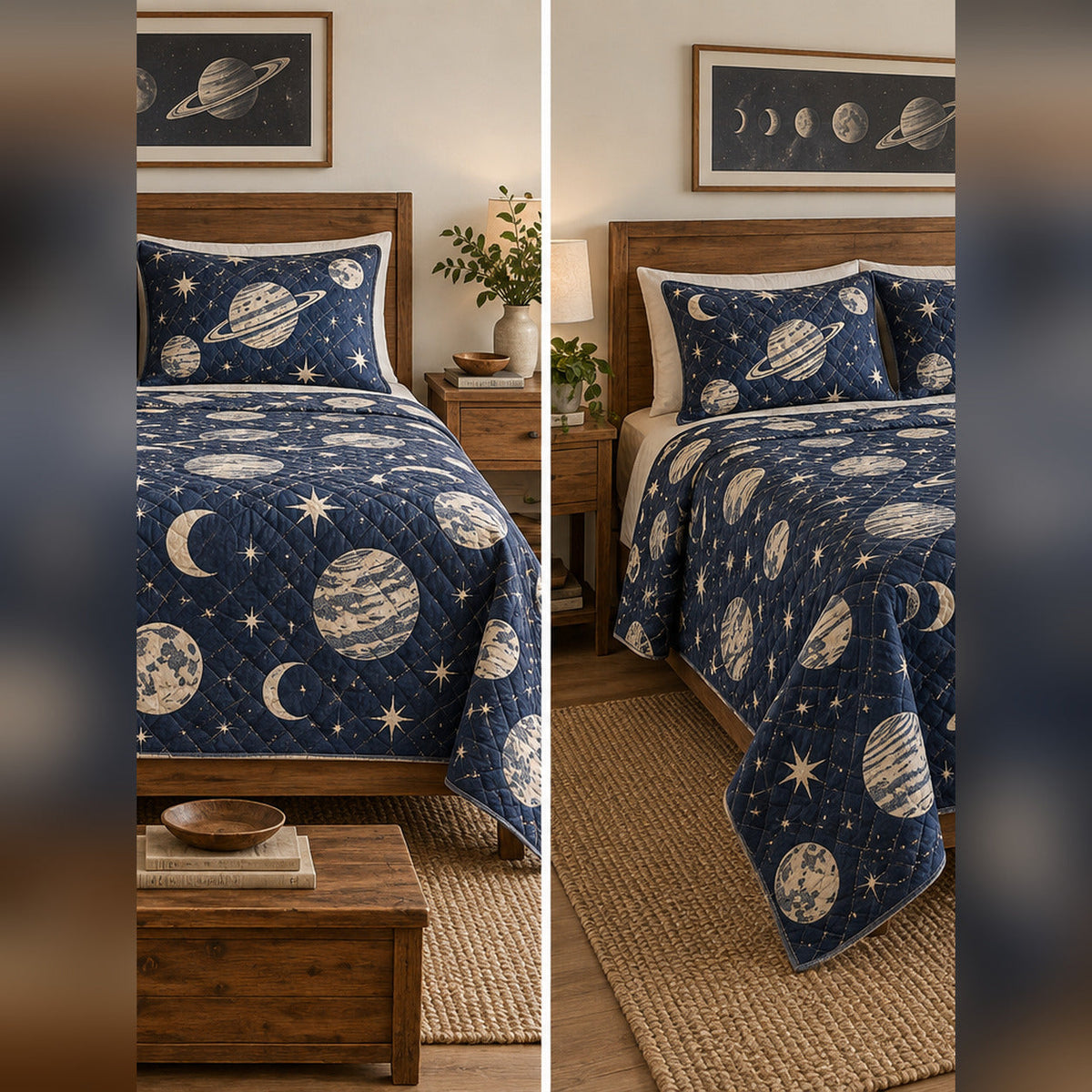 Indigo Planet Block Print Quilt Set, front planetary science bedroom view
