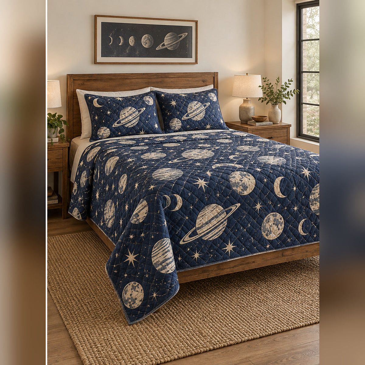 Indigo Planet Block Print Quilt Set, angled planetary science bedroom view