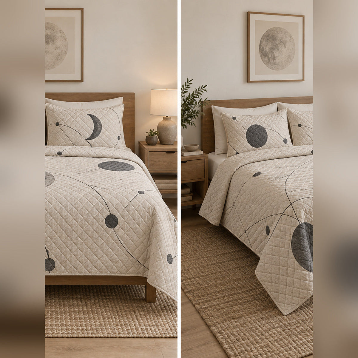Minimal Orbit Lines Planetary Quilt Set, front planetary science bedroom view