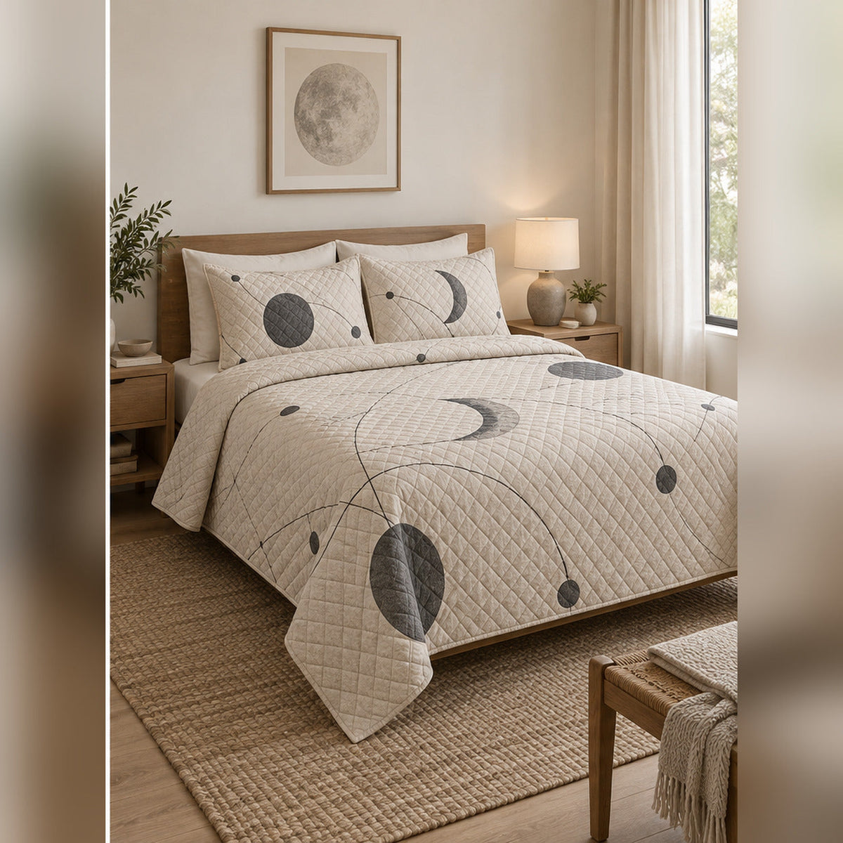 Minimal Orbit Lines Planetary Quilt Set, angled planetary science bedroom view