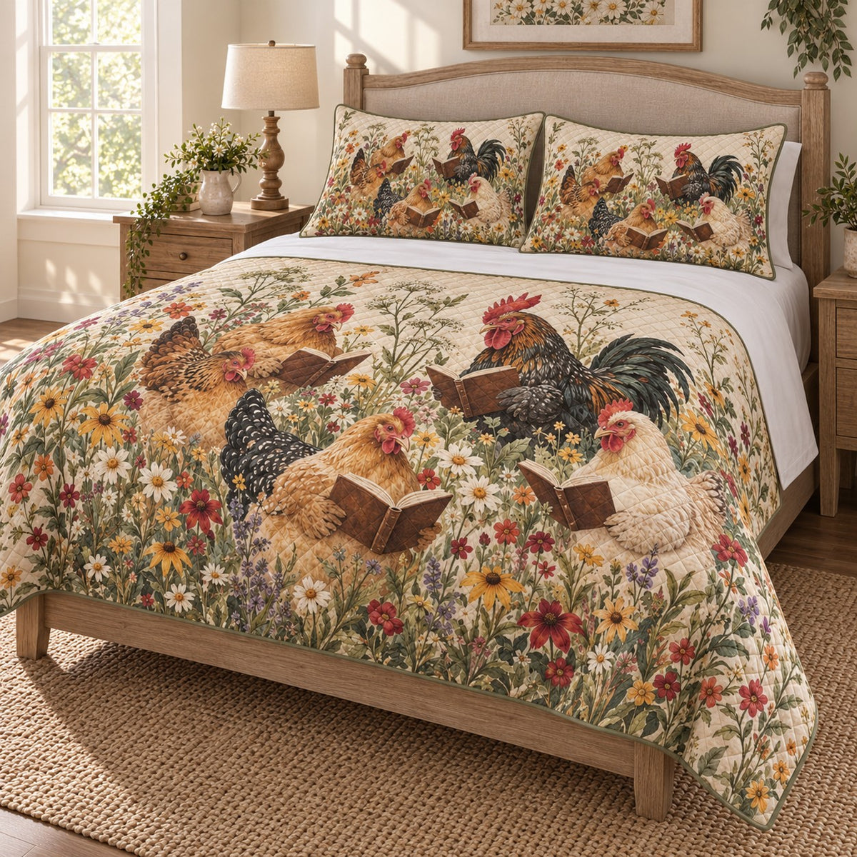 Chicken Reading Books Floral Quilt Set: angled bedroom view showing the quilt artwork and coordinating shams