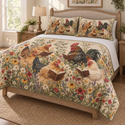 Chicken Reading Books Floral Quilt Set: angled bedroom view showing the quilt artwork and coordinating shams