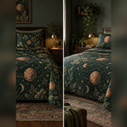 Forest Exoplanet Garden Quilt Set, front planetary science bedroom view