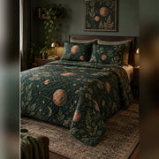 Forest Exoplanet Garden Quilt Set, angled planetary science bedroom view