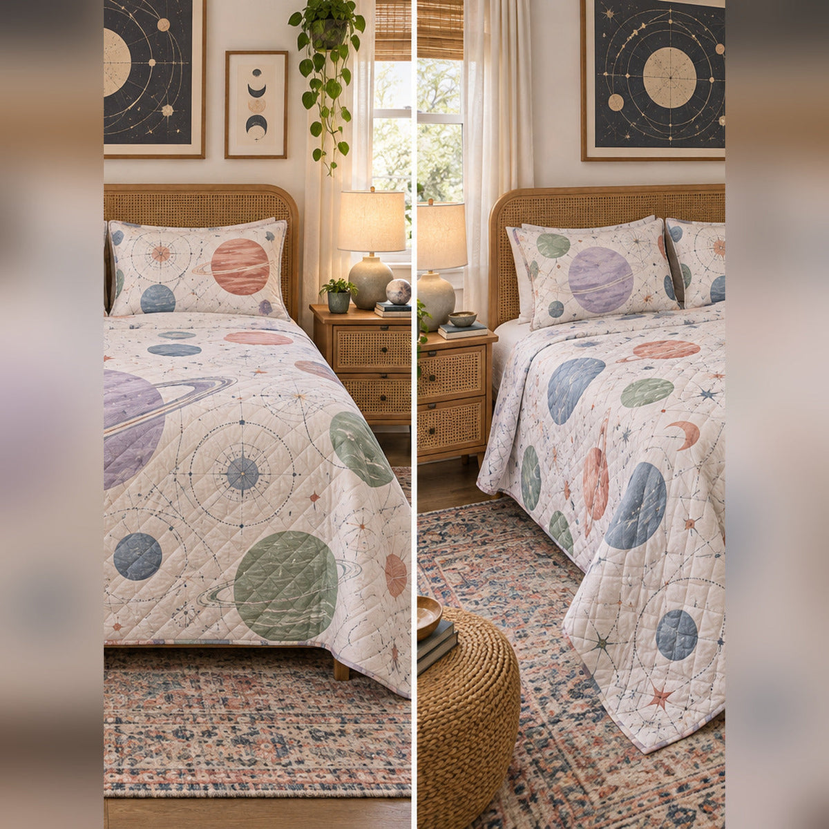 Pastel Planet Lab Quilt Set, front planetary science bedroom view