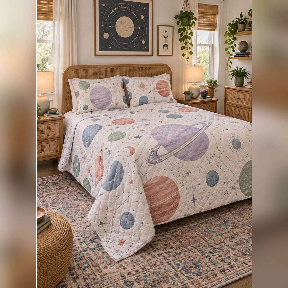 Pastel Planet Lab Quilt Set, angled planetary science bedroom view
