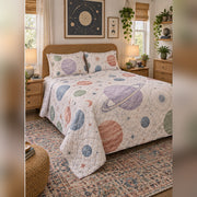 Pastel Planet Lab Quilt Set, angled planetary science bedroom view