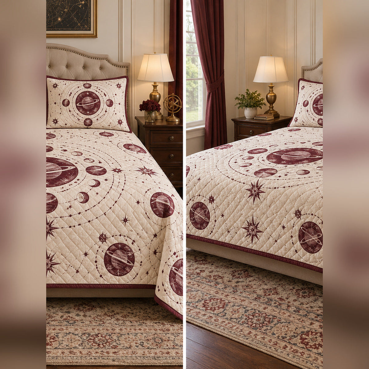 Burgundy Planet Medallion Quilt Set, front planetary science bedroom view