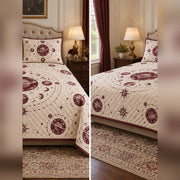 Burgundy Planet Medallion Quilt Set, front planetary science bedroom view