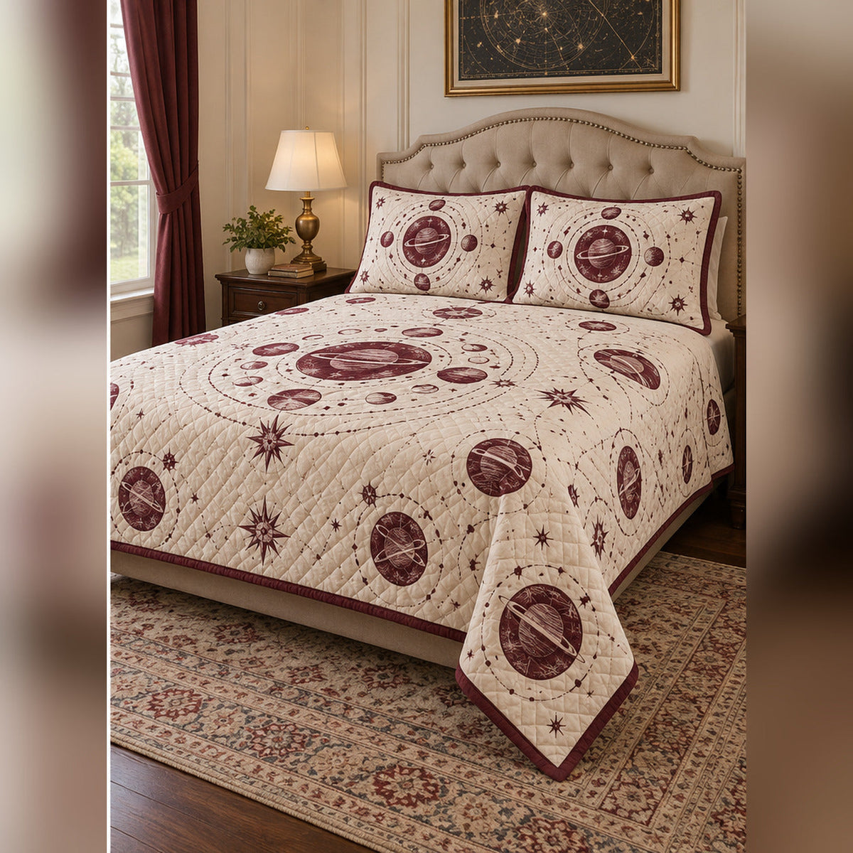 Burgundy Planet Medallion Quilt Set, angled planetary science bedroom view
