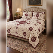 Burgundy Planet Medallion Quilt Set, angled planetary science bedroom view