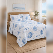 Coastal Blue Planetary Quilt Set, angled planetary science bedroom view