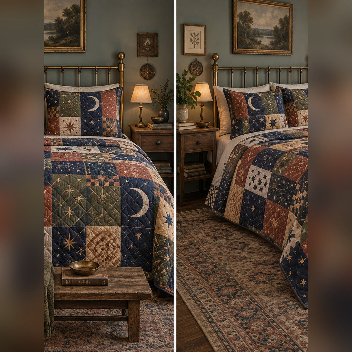 Heirloom Celestial Patchwork Print Quilt Set, front constellation bedroom view