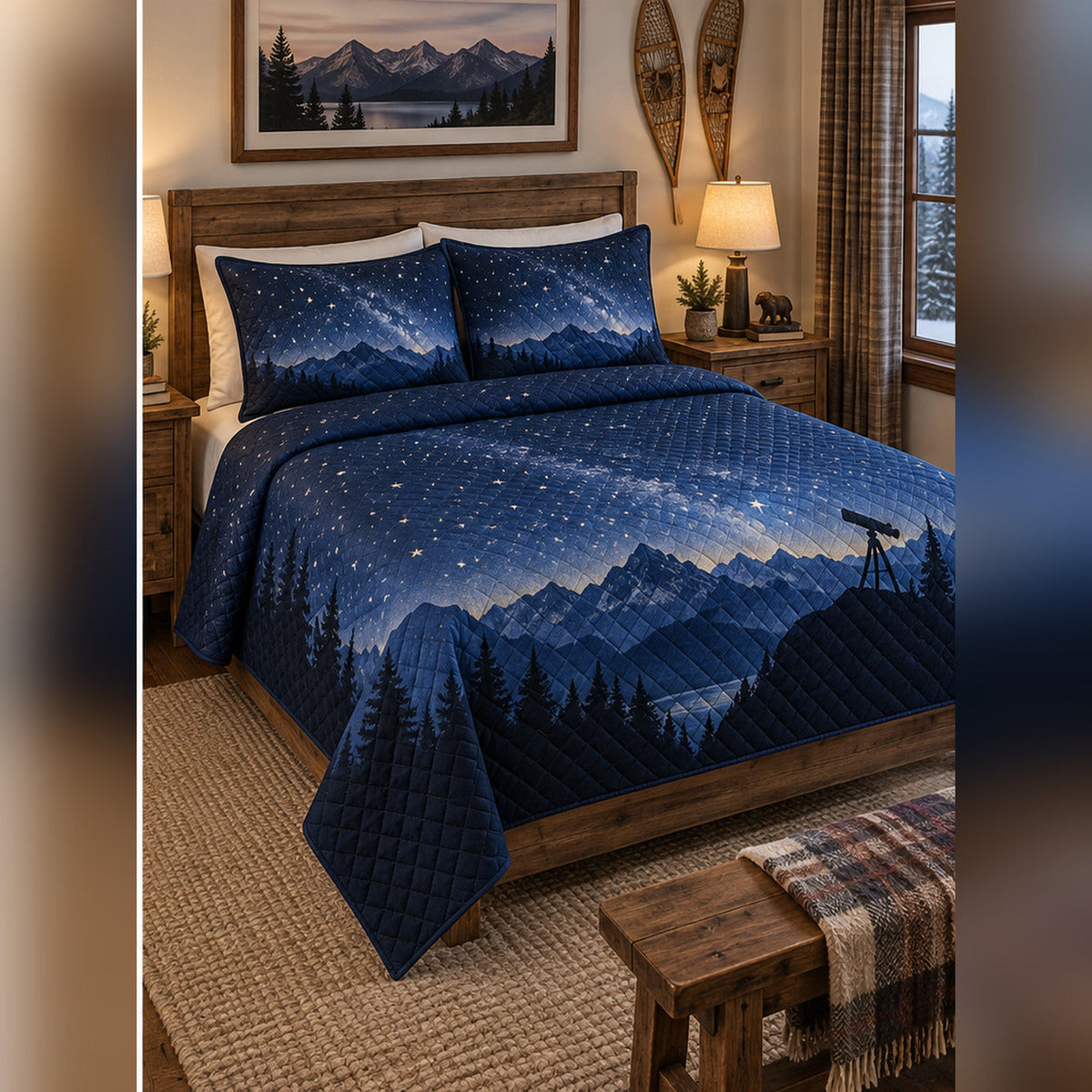 Mountain Stargazing Night Quilt Set, angled stargazing bedroom view