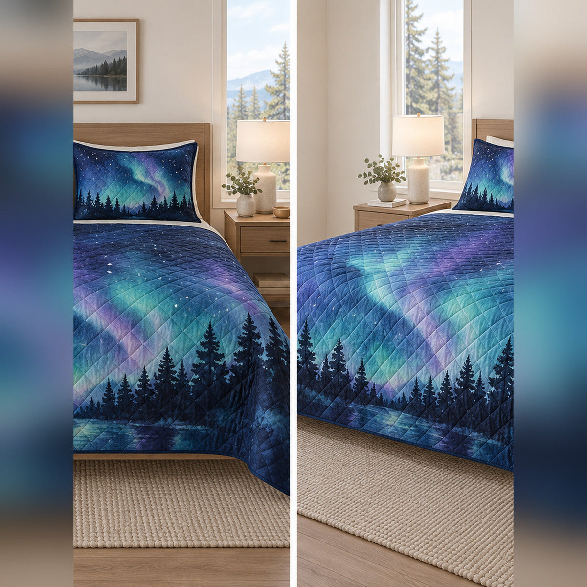 Watercolor Aurora Watch Quilt Set, front stargazing bedroom view
